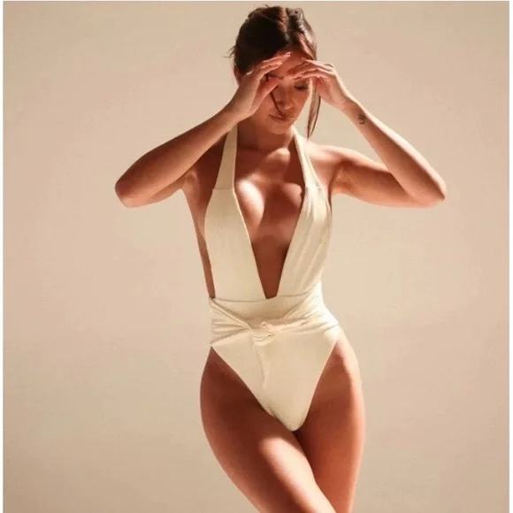 NEW Montce Tropez Tie-Up One Piece M tie waist ribbed Cream Rib - Picture 1 of 13